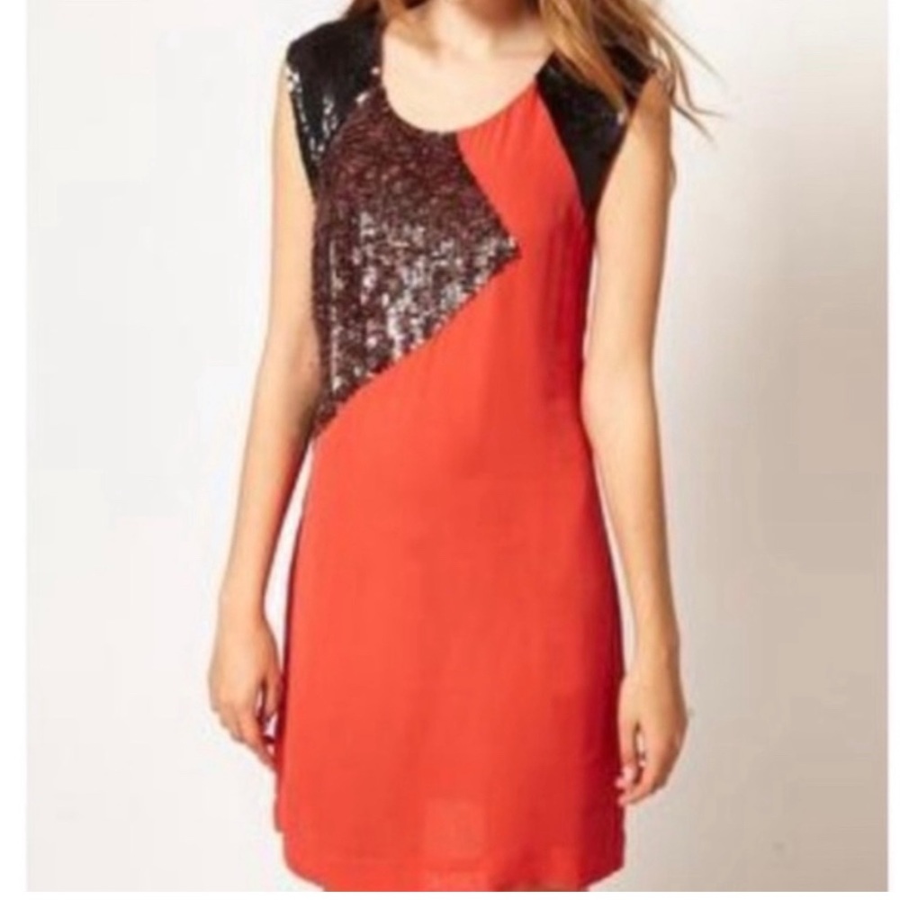 French Connection Burnt Orange Cocktail Dress with Sequin Detail